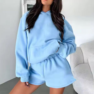 Ensemble 2 pièces pour femme : Sweat à capuche court épais 100 % coton et short de jogging uni, idéal pour l'automne, l'hiver et les activités de plein air - Product Image 5