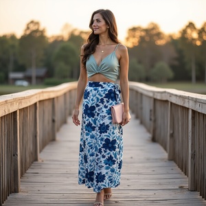 Falda gitana Bohemia con estampado floral de borde azul y negro elegante informal para todo el día para mujer para ropa de verano - Product Image 4