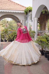 Pink Embroidered <b>Top</b> With Cream Lehenga Choli Traditional <b>Indian</b> Wedding Wear For Women Loose Fit Floor Length - Product Image 4