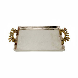 Plateau de service décoratif pour table, en aluminium fait main, de forme rectangulaire, avec poignée dorée, pour grossistes - Product Image 3
