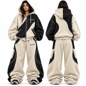 Custom <b>Black</b> Cream Tracksuit Set <b>Womens</b> Oversized Zip Hoodie Cargo Jogger Pants Contrast Panels Premium Streetwear OEM Wholesale - Product Image 2