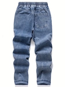Jean cargo délavé bleu clair pour homme, coupe droite, taille élastique, 100 % coton, style streetwear décontracté, pantalon à cordon de serrage, vintage - Product Image 6