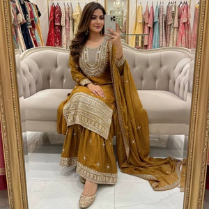 Conjunto Sharara de Diseño Indio-Pakistaní, Tela Chinnon, para Fiestas, Bodas, Uso Casual Tradicional, Estilo Bollywood - Product Image 1