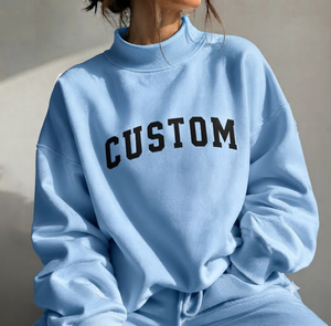 Sudadera Oversize de Cuello Alto para Mujer, Azul Claro, con Estampado de Letras Personalizado, 100% Algodón Tejido, Ropa Casual de Otoño - Product Image 1