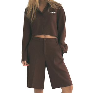 Women's 2 Piece Brown Shorts Set With Turn-<b>Down</b> Collar Blazer Top And Mid-Calf <b>Pants</b> Regular Fit Solid Color All Seasons Wear - Product Image 1