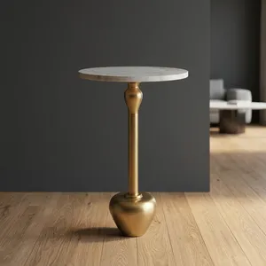 Modern <b>Round</b> White Marble Top Side <b>Table</b> with Brushed <b>Gold</b> Metal Pedestal Base Contemporary Accent Furniture - Product Image 2