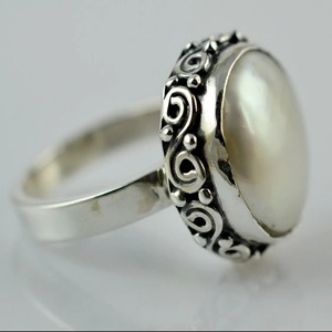 Coin Pearl <b>Ring</b> Handmade Sterling <b>Silver</b> Bezel Setting Natural Round Shape Gemstone Boho Jewelry June Birthstone Gift - Product Image 2