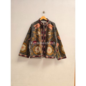 Hand Embroidered Floral <b>Pattern</b> Elegant Women's Velvet <b>Jacket</b> With Mandarin Collar Lantern Sleeve Winter Coat - Product Image 1