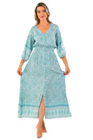 Bohème rayonne imprimé mi-longueur Maxi robe femmes attrayant col en v manches longues tissé bouton plage vacances motif à la mode