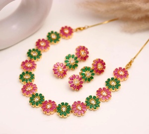 Premium Pear Shape Emerald Ruby Necklace Set CZ Brass Gold Plated Bridal Jewelry Wholesale Factory - Product Image 1