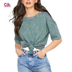 T-shirt en coton lavé personnalisé, col rond, manches courtes, coupe ample, couleur unie, style décontracté, chemises de printemps en gros - Product Image 6