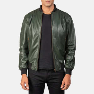 Blouson aviateur en cuir véritable vert pour homme, col montant, fermeture éclair, style moto, idéal pour l'automne - Product Image 5