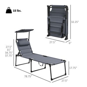 Sdraio Pieghevole in Ferro Grigio Stile Tradizionale con Schienale Regolabile, Tettuccio Parasole e Cuscino per la Testa, Ideale per Esterni, Piscine e Hotel - Product Image 3