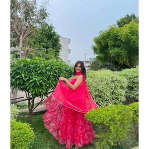 Digital Printed Anarkali <b>Gown</b> Set in Georgette Chiffon Including Bottom and Dupatta with Floral Print - Product Image 3