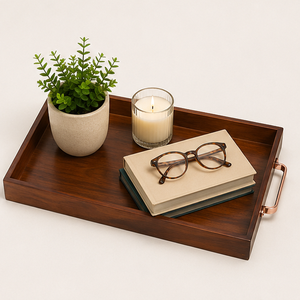 Premium Handcrafted Wooden Serving Tray With Elegant <b>Copper</b> Metal Handles Large Rectangular Decorative Platter For Coffee Table - Product Image 2