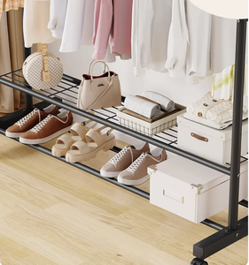 OEM/ODM Vietnam Double Rod Metal Coat Rack with Lockable Wheels <b>Shoe</b> Storage Shelf Garment Organizer Stand - Product Image 2