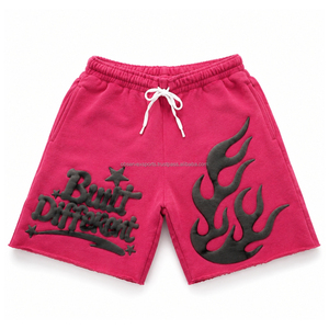 Shorts de jogging pour hommes, style streetwear vintage, coupe oversize, effet délavé soleil, délavé à l'acide, broderie chenille, imprimé en relief - Product Image 2
