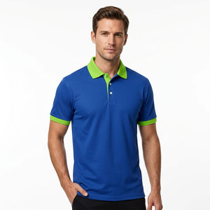 Polo pour homme bleu uni avec col et poignets verts, manches courtes, style décontracté en tricot - Product Image 6