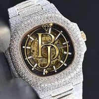 Montre squelette de luxe Briva en acier inoxydable pavé de diamants, mouvement à quartz analogique, verre personnalisé, plaqué or blanc glacé, étanche 10 bars, 25 mm