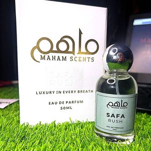 Parfum unisexe 50 ml, emballage en boîte satinée, flacon en verre transparent, bouchon sphérique argenté, spray longue durée, Safa Rush Eau de Parfum - Product Image 1