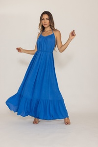 Nouvelle Arrivée Robe Formelle Longue Écologique Bleue 100% Coton à Col Halter Coupe Trapèze Taille Naturelle pour Femme - Product Image 4