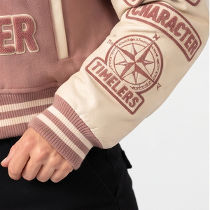 High Quality <b>Winter</b> Crop Varsity <b>Jacket</b> Women's <b>Leather</b> Sleeve Embroidery Patches Crop <b>Jackets</b> Ladies <b>Winter</b> Varsity Crop Coat - Product Image 4