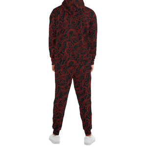 Ensemble de survêtement pour homme noir et rouge à motif géométrique, avec capuche et fermeture éclair, pantalon de jogging décontracté respirant en polyester - Product Image 2