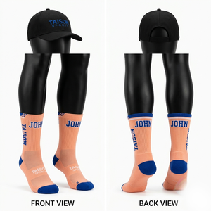 Custom Handball <b>Socks</b> 180 GSM Polyester Cotton Blend Peach Blue Cushioned Knit Crew <b>Socks</b> Embroidered Logo - Product Image 1