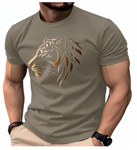 T-shirt pour homme en coton respirant à col rond, coupe slim, manches courtes, imprimé tête de lion vert olive, style décontracté - Product Image 1