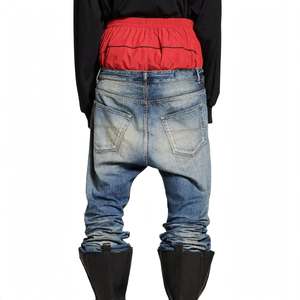 Black Washed Loose Fit Patchwork Flare <b>Jeans</b> <b>Men</b> Denim Pants Mid Rise <b>Elastic</b> <b>Waist</b> Womens Light Wash Casual - Product Image 4