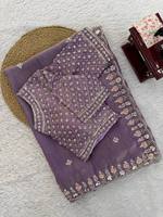 Sari en soie Fendy de créateur élégant, broderie de perles et de sequins, séchage rapide, pour l'été, l'hiver, les mariages, les fêtes, Diwali, les remises de diplômes