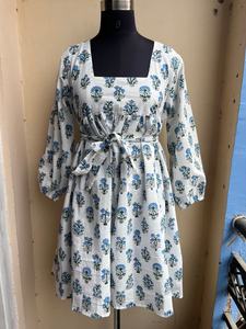 Robe d'été en coton à col carré, mini-robe, robe courte, imprimé floral à la main, robe midi à manches longues pour femmes - Product Image 6