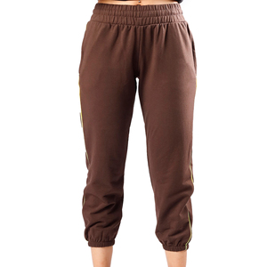 Women Solid <b>Brown</b> Yoga Pants Knee Length Elastic Waist Side Stripe Contrast Stitch Breathable Spandex Cotton Mix - Product Image 5