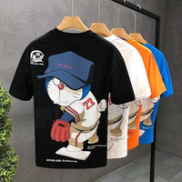 T-shirt Homme Streetwear Personnalisé en Coton Épais, Imprimé Graphique Rétro Anime Doraemon, Coupe Ample, Épaules Tombantes, Style Hip Hop Oversize