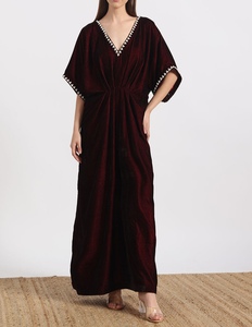 Beautiful Dubai <b>Kaftan</b> Women's Maroon Velvet With Pearl Trim V Neck Floor Length Loose Fit Modest Dress Three Quarter Sleeves - Product Image 2