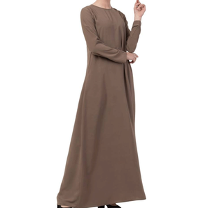 Abaya en coton de couleur unie pour femme, manches longues, longueur au sol, coupe ample, robe modeste, col rond, tenue quotidienne, style Moyen-Orient - Product Image 5