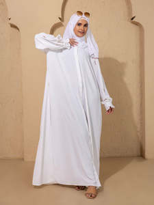 Abaya blanche brodée florale, longue, à manches longues, coupe ample, tenue modeste pour tous les jours, style Moyen-Orient, robe en coton pour femmes - Product Image 4