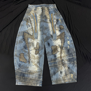 Wide Leg Patchwork Denim Jeans High Waist Distressed Loose Fit Streetwear Style Cotton Fabric Spring Season - Product Image 3