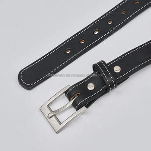 Cinturón informal de cuero negro de lujo con costuras en contraste hecho a mano para hombre con hebilla de aleación de una sola punta, cinturón informal de negocios - Product Image 6