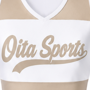 Ensemble d'uniforme de cheerleading sublimé blanc beige sans manches, haut court et jupe pour équipe sportive, tenue de performance et d'entraînement personnalisée - Product Image 3