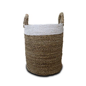 Panier de rangement rond moderne en jonc de mer avec poignée, ensemble de 3 pièces - Rangement écologique pour vêtements - Product Image 1