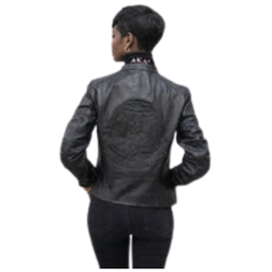 Black on Black <b>Leather</b> <b>Jacket</b> for <b>Women</b> Embroidered Sorority Style <b>Long</b> Sleeve Casual Biker Coat Fashion Outerwear for Event - Product Image 1
