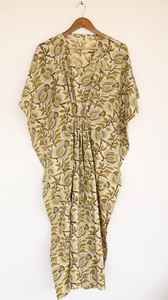 Robe kaftan en coton fleuri moutarde pour femme, style bohème, paréo de plage, maxi - Product Image 5