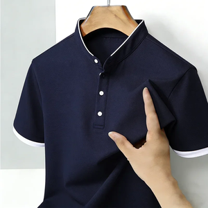 Camisetas de Verano Cómodas para Hombre, Cuello Mao, Manga Corta, Corte Regular, Ribete en Contraste, Ropa Casual de Oficina, Poliéster/Algodón - Product Image 1