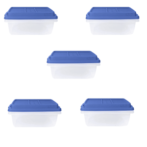 5 Pack 18 Quart Clear <b>Plastic</b> <b>Storage</b> <b>Bins</b> with Blue Hi Rise Latching Lids - Product Image 1