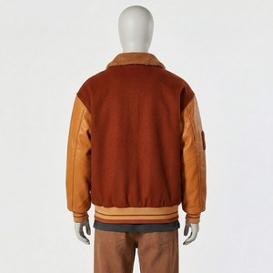 เสื้อแจ็คเก็ตวาร์ซิตี้สีน้ำตาลวินเทจสำหรับผู้ชาย ผ้าวูลพรีเมียมและหนังเทียม เสื้อโค้ทบอมเบอร์ สตรีทแวร์คลาสสิก ติดกระดุมแบบสแนป - Product Image 5