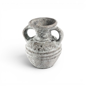 Vase Amphore Gris Effet Pierre Style Wabi-Sabi Primitif avec Deux Poignées et Urne Rainurée pour Décoration Intérieure - Product Image 1
