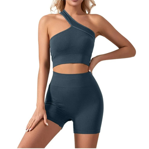 Ensemble de sport asymétrique à une épaule, soutien-gorge et short taille haute, couleur unie, extensible dans quatre directions, en Spandex et Polyester, pour Yoga et Entraînement, 2 pièces - Product Image 2