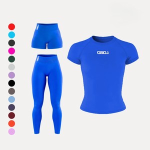 Blue Plus Size Eco-Friendly Yoga Set Scoop Neck T-Shirt Mid Waist <b>Shorts</b> Full-Length <b>Leggings</b> Sweat-Wicking Breathable Seamless - Product Image 5