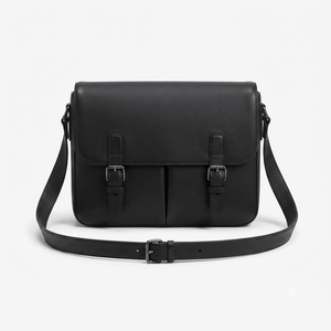 Unisex Genuine Leather <b>Messenger</b> <b>Bag</b> Solid Black Adjustable Strap Classic Style Buckle Closure Durable All Seasons Daily Use - Product Image 1